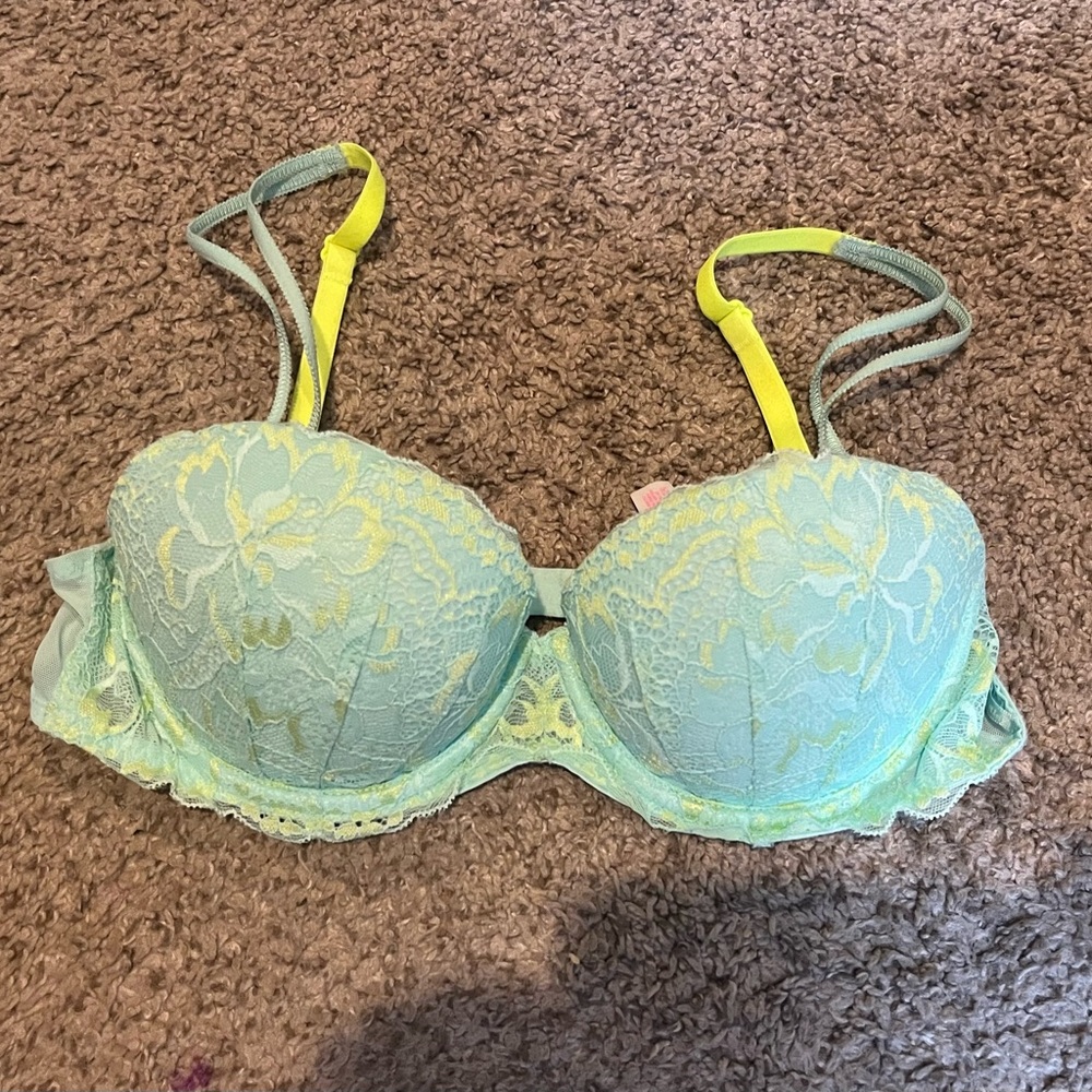 PINK Victoria's Secret light Green and Yellow Lace Bra